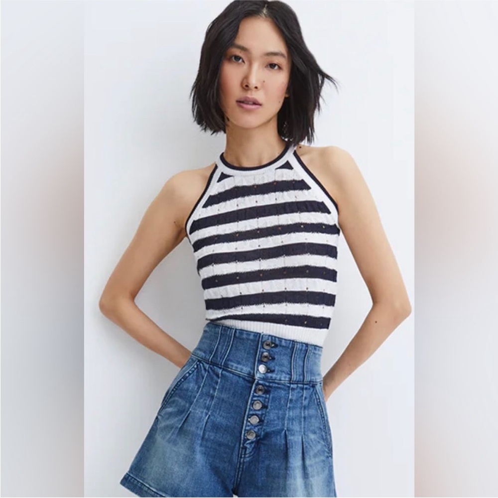 NWT Veronica Beard - Dera Pointelle-knit Tank - Blue and White xs $298